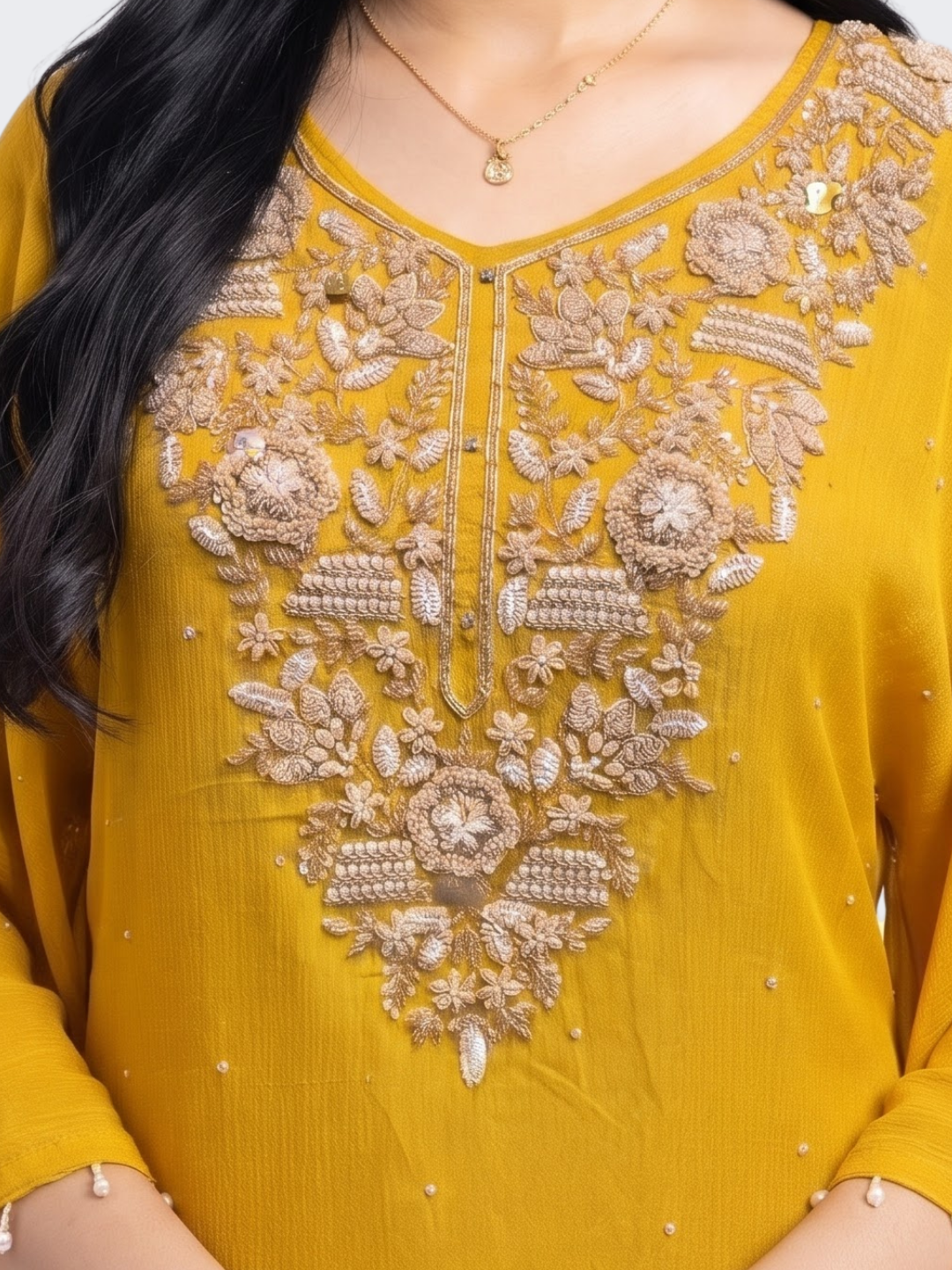 Suhij Yellow Chinon Indo Western with Cutdana, Sequins and Pearl Embroidery 3